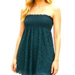 Velvet By Graham & Spencer Green Smocked Strapless Frayed Hem Dress Size Small